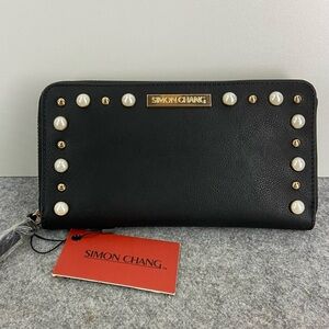 NWT Simon Chang Black Studded Wallet With Pearl Detailing